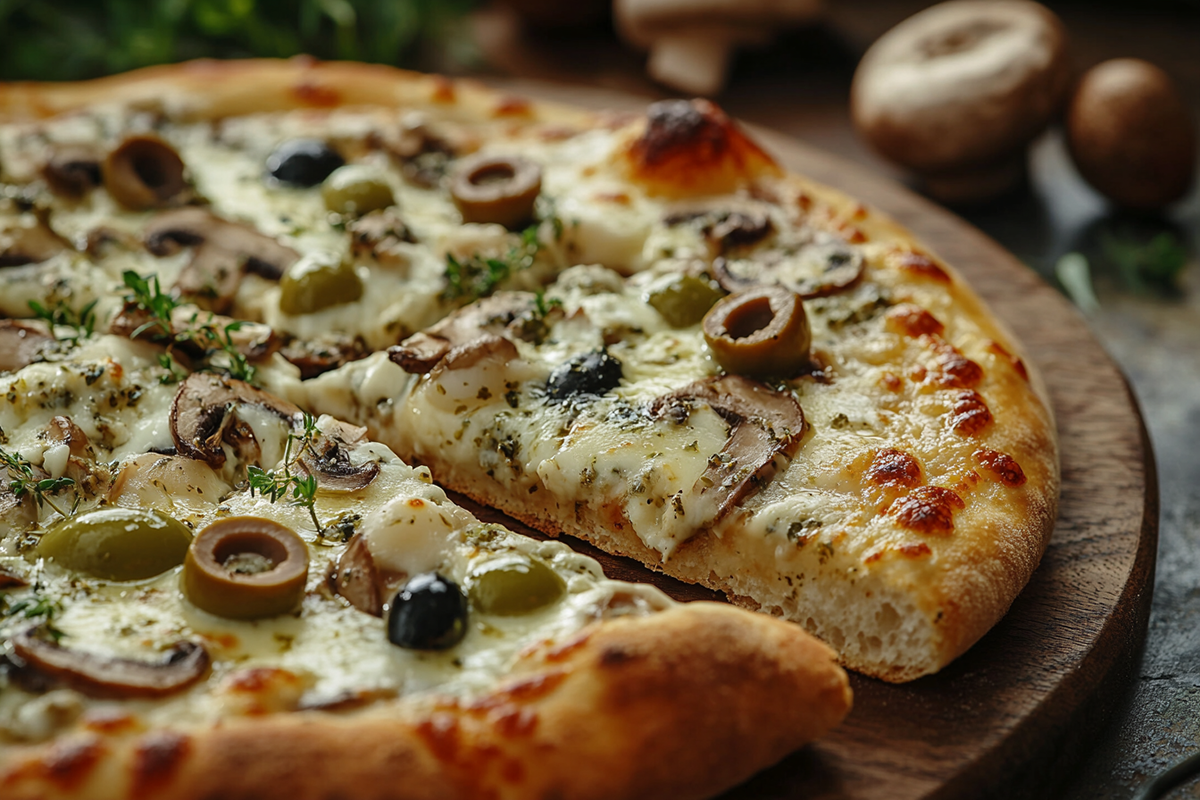 Gourmet Pizza Quattro Formaggi Green Olives And Mushrooms